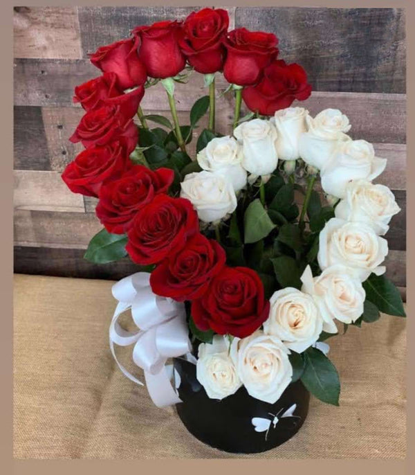 Lovely Heart Red & White Roses