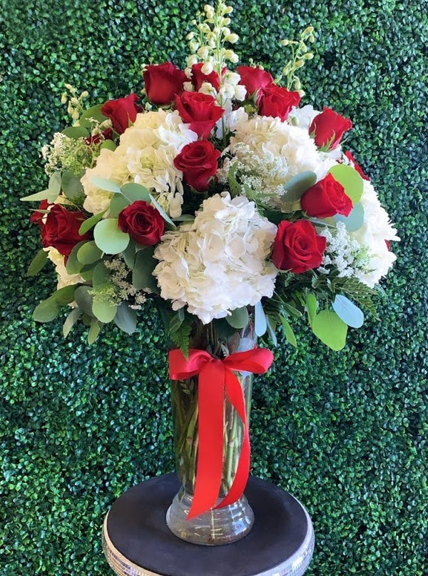 White Hydrangea & Red Rose Bouquet